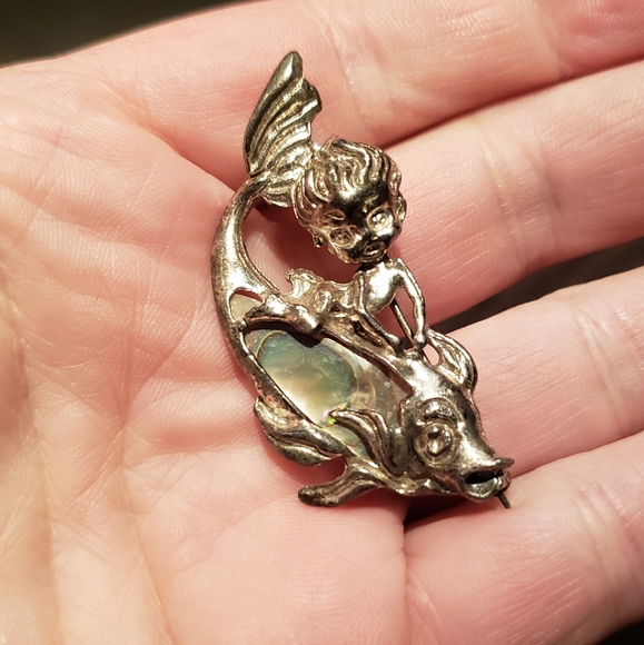 Vintage Pixie Elf Mermaid Silver Abalone mother of pearl pins lot - Picture 11 of 16